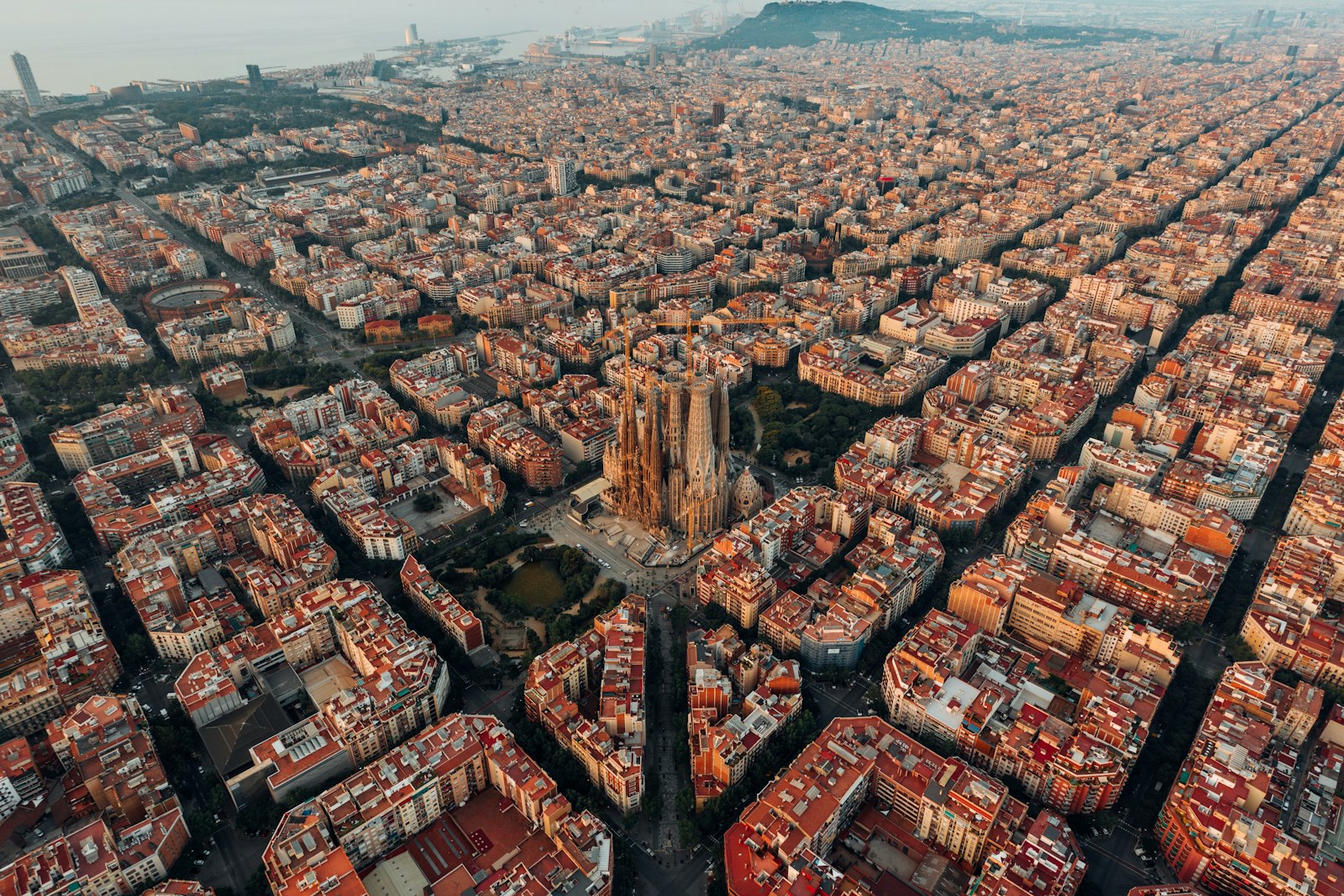 Aerial view of Sagrada Familia in Barcelona at sunset